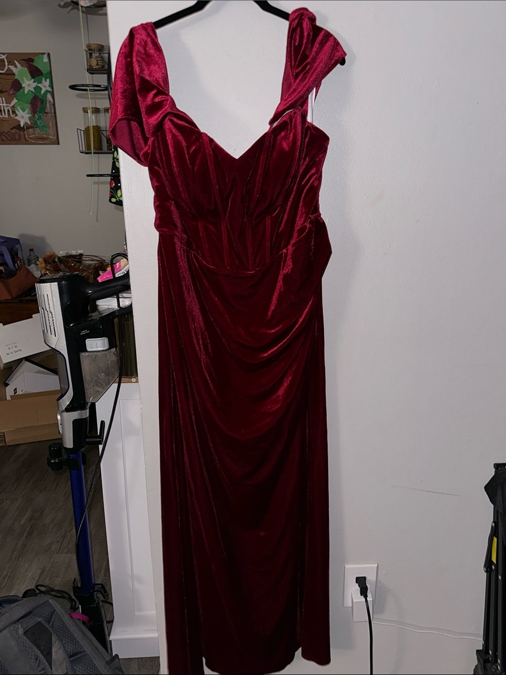 Azazie Burgundy Velvet Maxi Dress with Draped Skirt
